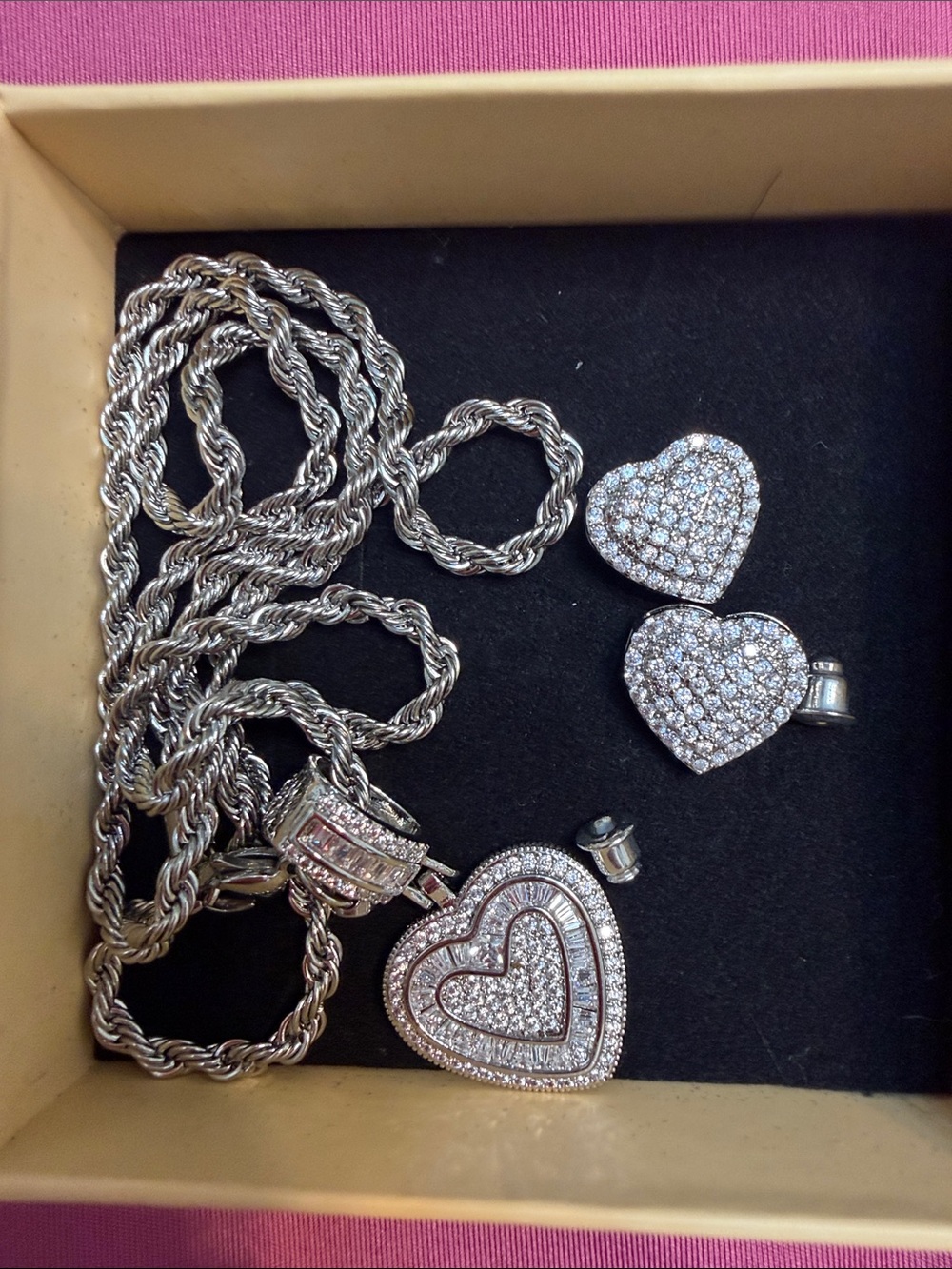 Sterling Heart Pendant Necklace with Pave Heart Stud Earrings - White